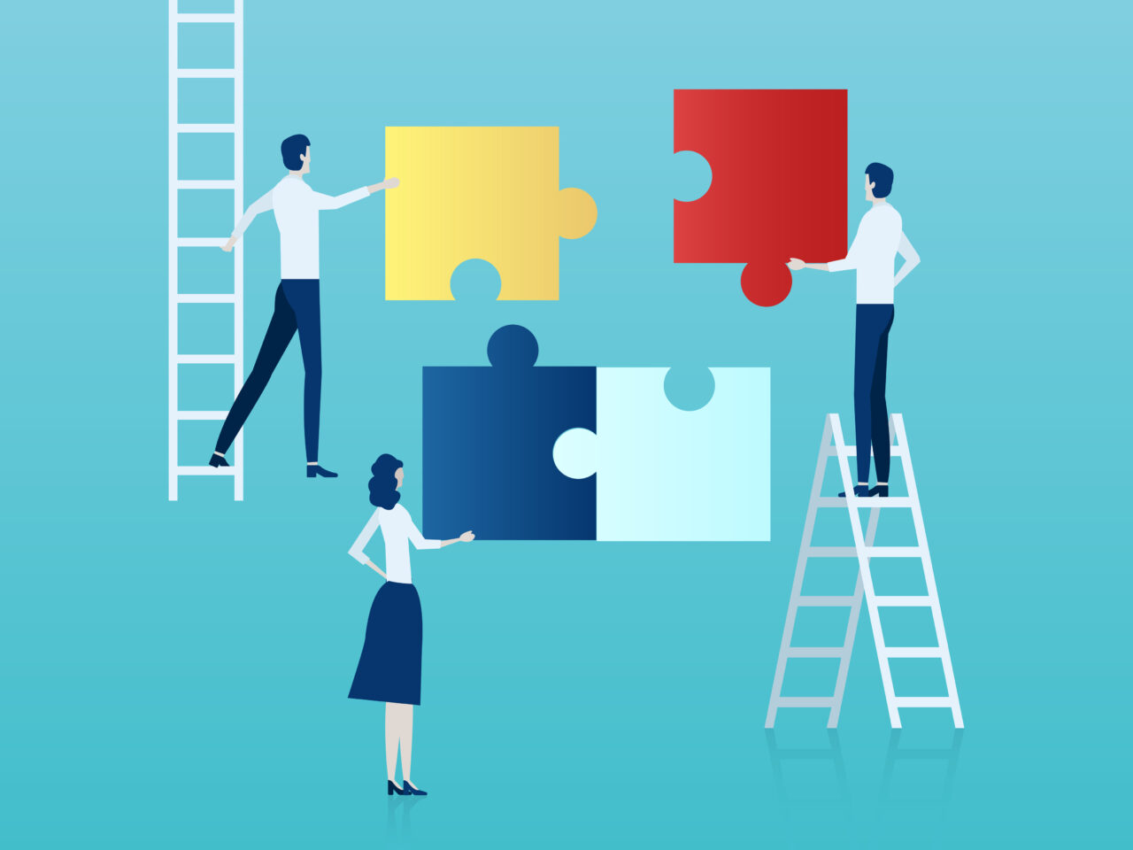 Teamwork concept. Vector of business people assembling a puzzle.